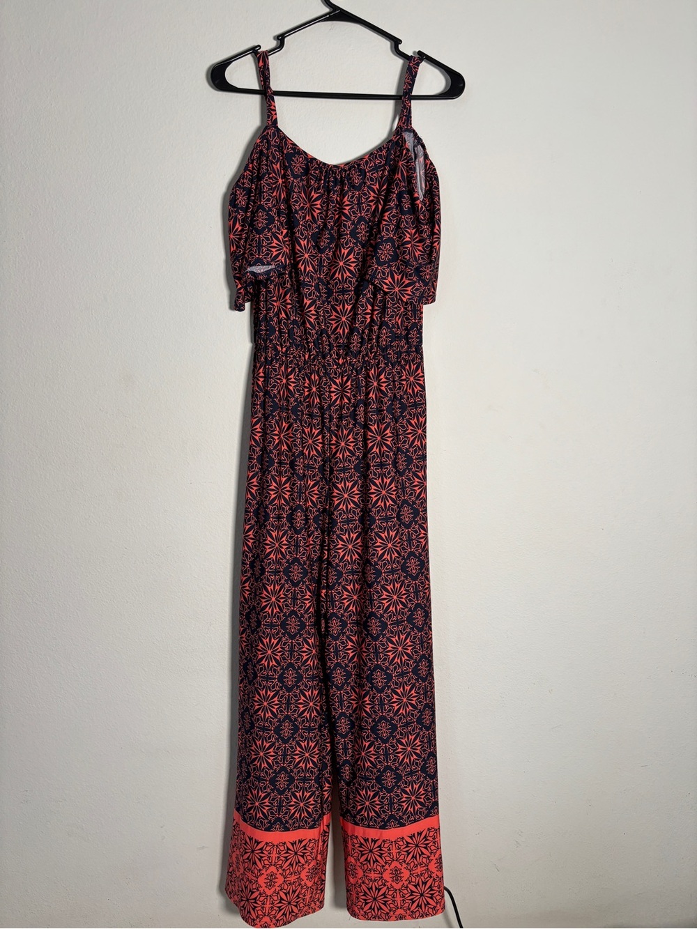 Tacera Navy & Coral Floral Cold Shoulder Wide Leg Jumpsuit Size PL Petite Large